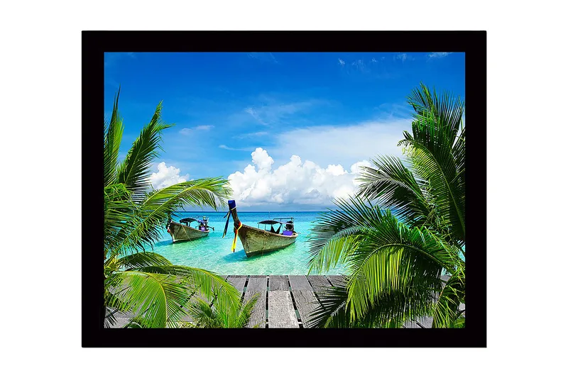 Innrammet lerretsbilde i tre - 41x56 cm - Tropisk strand med båter og palmer - Turkis / Grønn / Blå - Innredning - Bilder & kunst