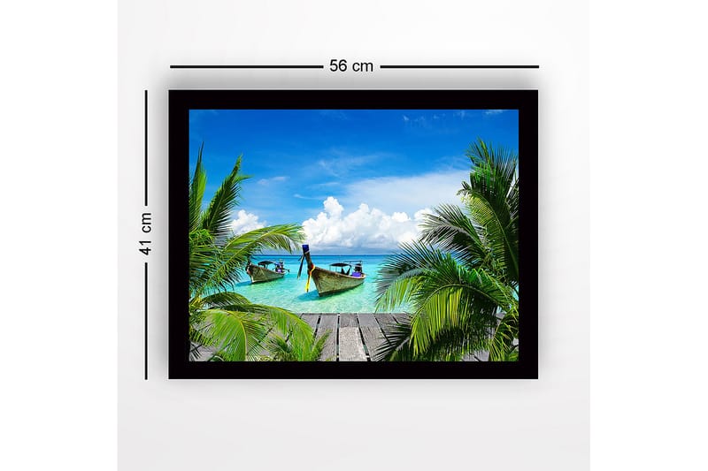 Innrammet lerretsbilde i tre - 41x56 cm - Tropisk strand med båter og palmer - Turkis / Grønn / Blå - Innredning - Bilder & kunst