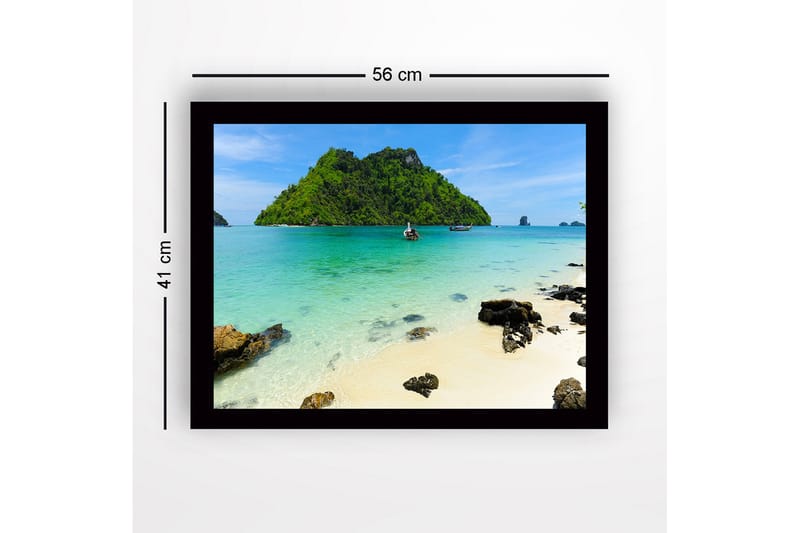 Innrammet lerretsbilde i tre - 41x56 cm - Tropisk strand med klart blått vann og frodige øyer - Turkis / Grønn / Beige - Innredning - Bilder & kunst