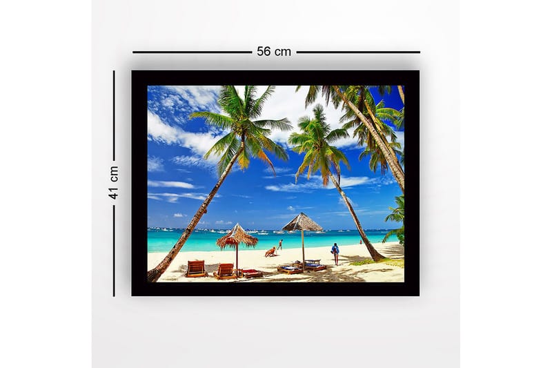 Innrammet lerretsbilde i tre - 41x56 cm - Tropisk strand med palmer og solsenger - Blå / Grønn / Beige - Innredning - Bilder & kunst