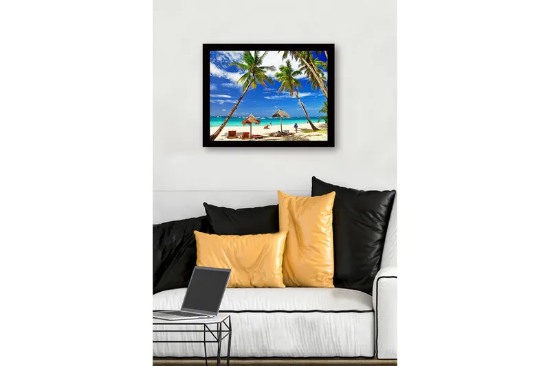 Innrammet lerretsbilde i tre - 41x56 cm - Tropisk strand med palmer og solsenger - Blå / Grønn / Beige - Innredning - Bilder & kunst