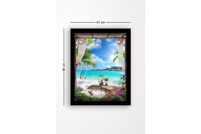Innrammet lerretsbilde i tre - 41x56 cm - Tropisk utsikt med palmer og klart blått hav - Turkis / Grønn / Lilla - Innredning - Bilder & kunst