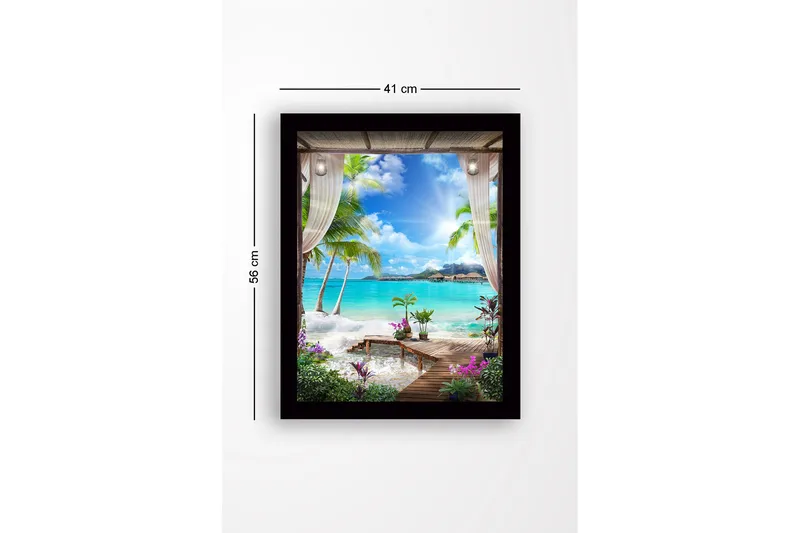 Innrammet lerretsbilde i tre - 41x56 cm - Tropisk utsikt med palmer og klart blått hav - Turkis / Grønn / Lilla - Innredning - Bilder & kunst