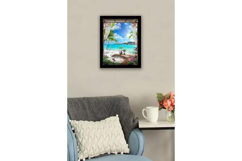 Innrammet lerretsbilde i tre - 41x56 cm - Tropisk utsikt med palmer og klart blått hav - Turkis / Grønn / Lilla - Innredning - Bilder & kunst