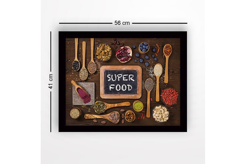 Innrammet lerretsbilde i tre - 41x56 cm - Ulike supermatvarer arrangert på en treflate - Grønn / Brun / Svart - Innredning - Bilder & kunst