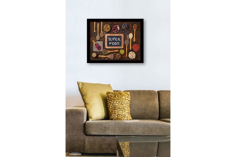Innrammet lerretsbilde i tre - 41x56 cm - Ulike supermatvarer arrangert på en treflate - Grønn / Brun / Svart - Innredning - Bilder & kunst