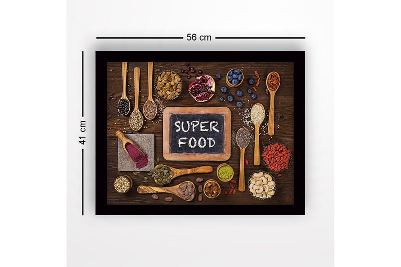 Innrammet lerretsbilde i tre - 41x56 cm - Ulike supermatvarer arrangert på en treflate - Grønn / Brun / Svart - Innredning - Bilder & kunst