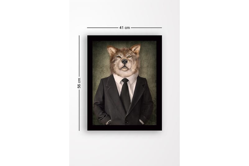 Innrammet lerretsbilde i tre - 41x56 cm - Ulv med menneskelige trekk i dress og slips - Grå / Svart / Beige - Innredning - Bilder & kunst