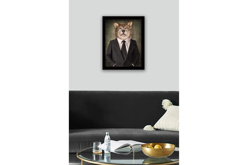 Innrammet lerretsbilde i tre - 41x56 cm - Ulv med menneskelige trekk i dress og slips - Grå / Svart / Beige - Innredning - Bilder & kunst