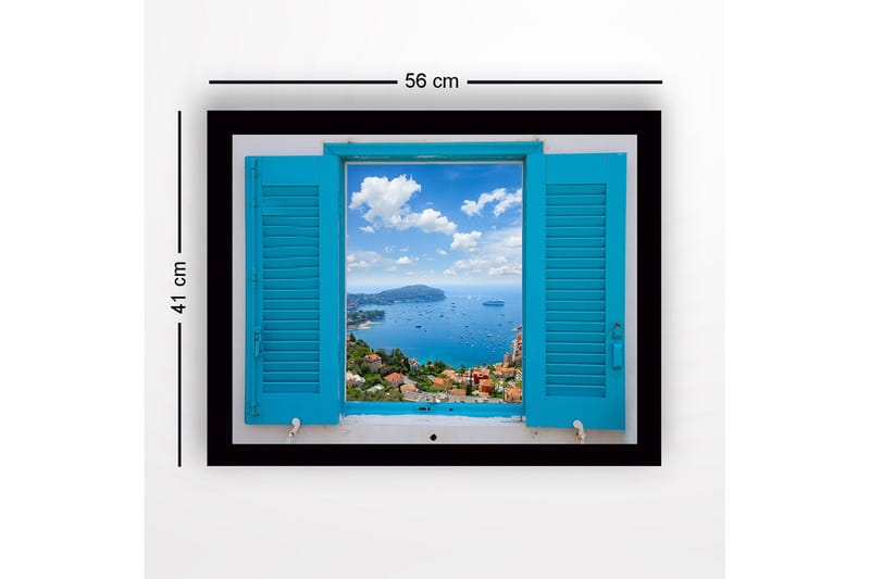 Innrammet lerretsbilde i tre - 41x56 cm - Utsikt gjennom en åpen skodde mot havet og himmelen - Blå / Grønn / Hvit - Innredning - Bilder & kunst