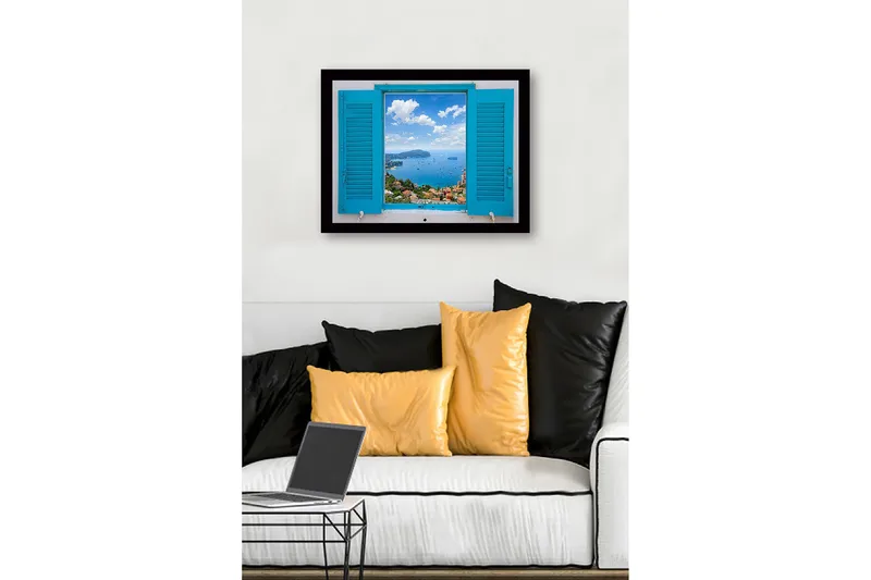 Innrammet lerretsbilde i tre - 41x56 cm - Utsikt gjennom en åpen skodde mot havet og himmelen - Blå / Grønn / Hvit - Innredning - Bilder & kunst