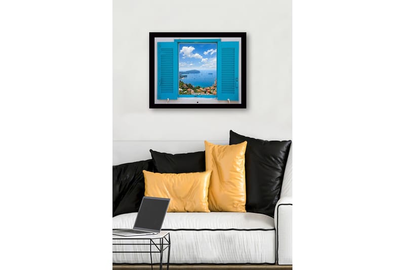 Innrammet lerretsbilde i tre - 41x56 cm - Utsikt gjennom en åpen skodde mot havet og himmelen - Blå / Grønn / Hvit - Innredning - Bilder & kunst