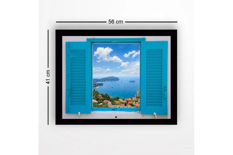 Innrammet lerretsbilde i tre - 41x56 cm - Utsikt gjennom en åpen skodde mot havet og himmelen - Blå / Grønn / Hvit - Innredning - Bilder & kunst
