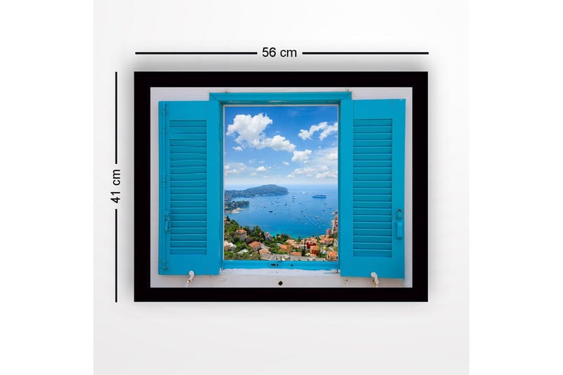 Innrammet lerretsbilde i tre - 41x56 cm - Utsikt gjennom en åpen skodde mot havet og himmelen - Blå / Grønn / Hvit - Innredning - Bilder & kunst