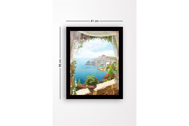 Innrammet lerretsbilde i tre - 41x56 cm - Utsikt over en kystby med blomster i forgrunnen - Blå / Grønn / Rosa - Innredning - Bilder & kunst