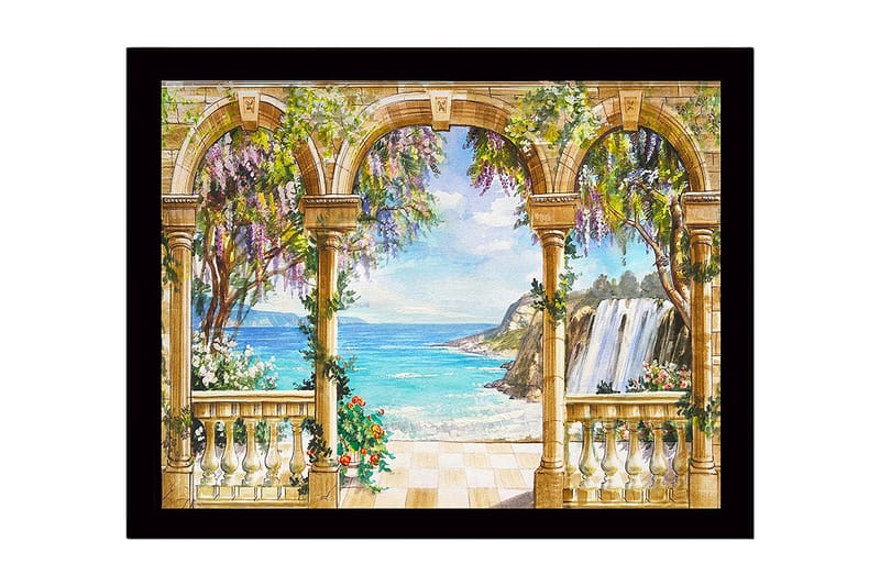 Innrammet lerretsbilde i tre - 41x56 cm - Utsikt over havet med søylegang og blomstrende planter - Blå / Grønn / Beige - Innredning - Bilder & kunst