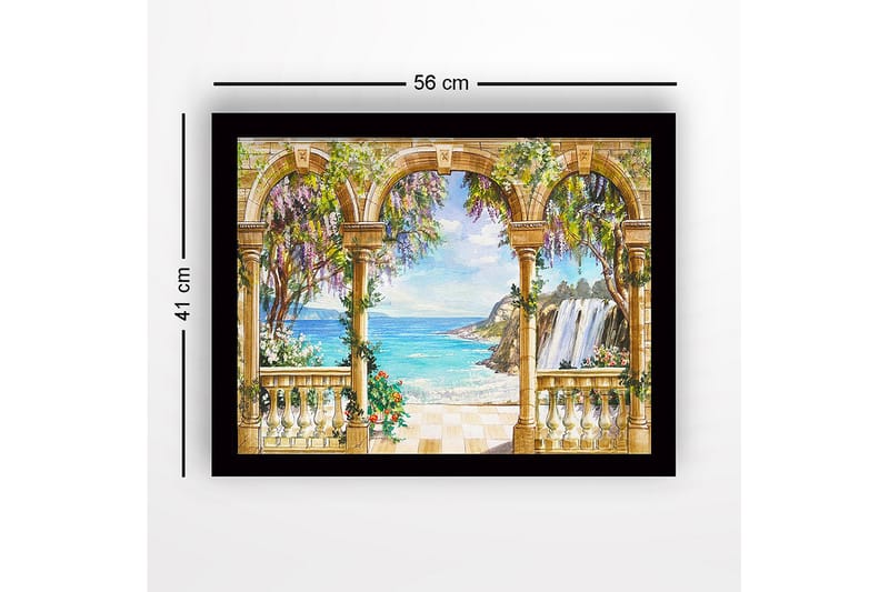 Innrammet lerretsbilde i tre - 41x56 cm - Utsikt over havet med søylegang og blomstrende planter - Blå / Grønn / Beige - Innredning - Bilder & kunst