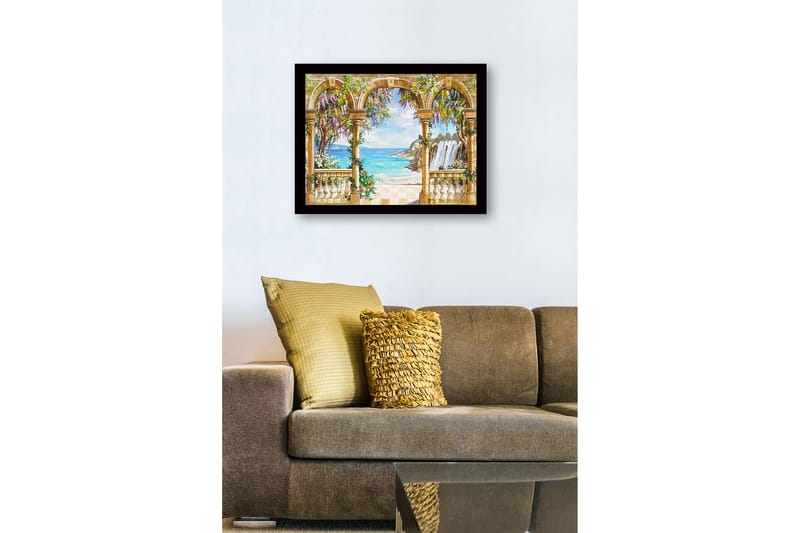 Innrammet lerretsbilde i tre - 41x56 cm - Utsikt over havet med søylegang og blomstrende planter - Blå / Grønn / Beige - Innredning - Bilder & kunst