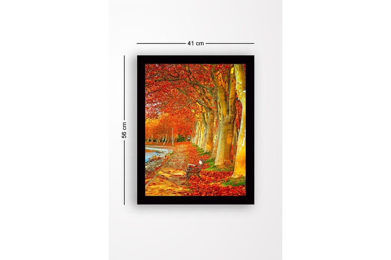 Innrammet lerretsbilde i tre - 41x56 cm - Vakker allé med høstfargede trær og en benk langs en tursti - Oransje / Gull / Grønn - Innredning - Bilder & kunst
