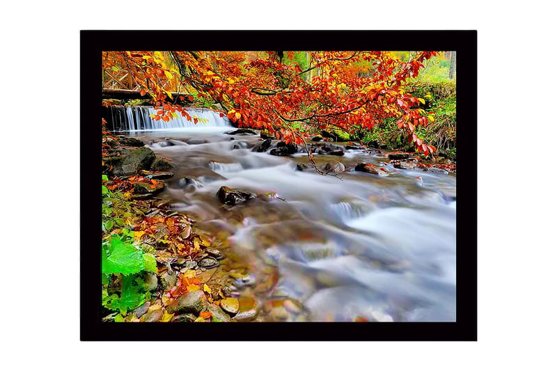 Innrammet lerretsbilde i tre - 41x56 cm - Vakker bekk med høstfarger og rennende vann, Oransje / Grønn / Brun