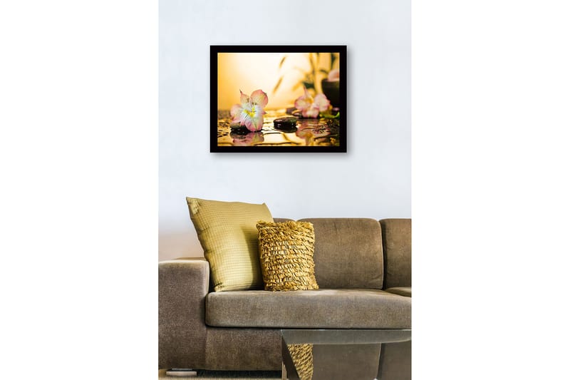 Innrammet lerretsbilde i tre - 41x56 cm - Vakker blomst med vanndråper på steiner - Rosa / Grønn / Gul - Innredning - Bilder & kunst