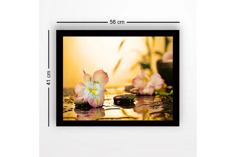 Innrammet lerretsbilde i tre - 41x56 cm - Vakker blomst med vanndråper på steiner - Rosa / Grønn / Gul - Innredning - Bilder & kunst