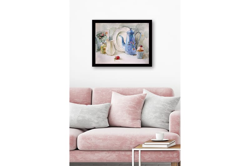 Innrammet lerretsbilde i tre - 41x56 cm - Vakker borddekking med en blå mugge og bakverk - Blå / Hvit / Grønn - Innredning - Bilder & kunst