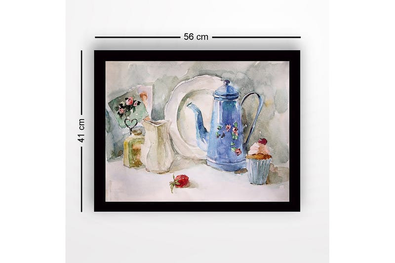 Innrammet lerretsbilde i tre - 41x56 cm - Vakker borddekking med en blå mugge og bakverk - Blå / Hvit / Grønn - Innredning - Bilder & kunst