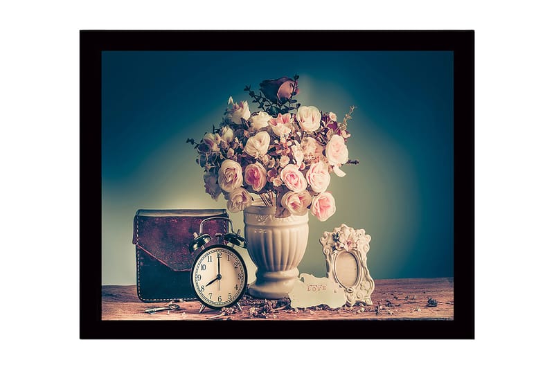 Innrammet lerretsbilde i tre - 41x56 cm - Vakker bukett med roser i en hvit vase - Rosa / Hvit / Brun - Innredning - Bilder & kunst