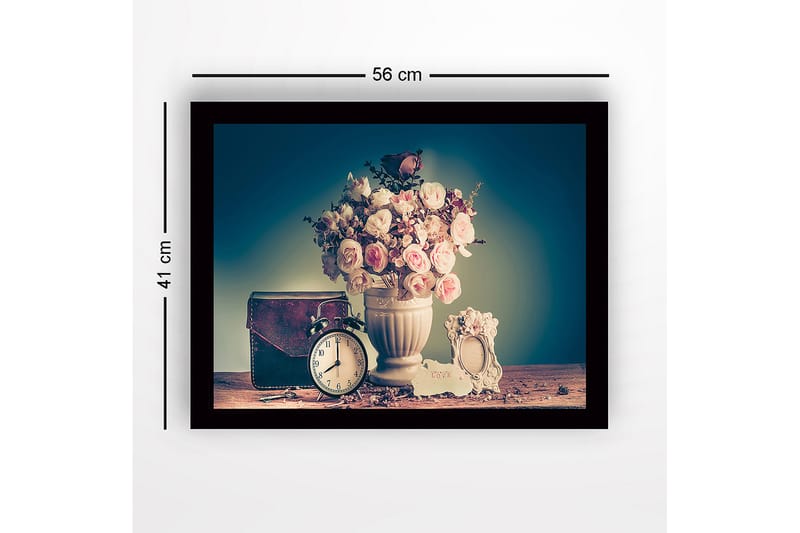 Innrammet lerretsbilde i tre - 41x56 cm - Vakker bukett med roser i en hvit vase - Rosa / Hvit / Brun - Innredning - Bilder & kunst