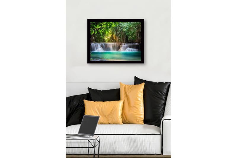 Innrammet lerretsbilde i tre - 41x56 cm - Vakker foss i et frodig skogsmiljø - Grønn / Turkis / Brun - Innredning - Bilder & kunst