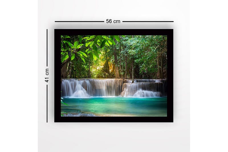 Innrammet lerretsbilde i tre - 41x56 cm - Vakker foss i et frodig skogsmiljø - Grønn / Turkis / Brun - Innredning - Bilder & kunst