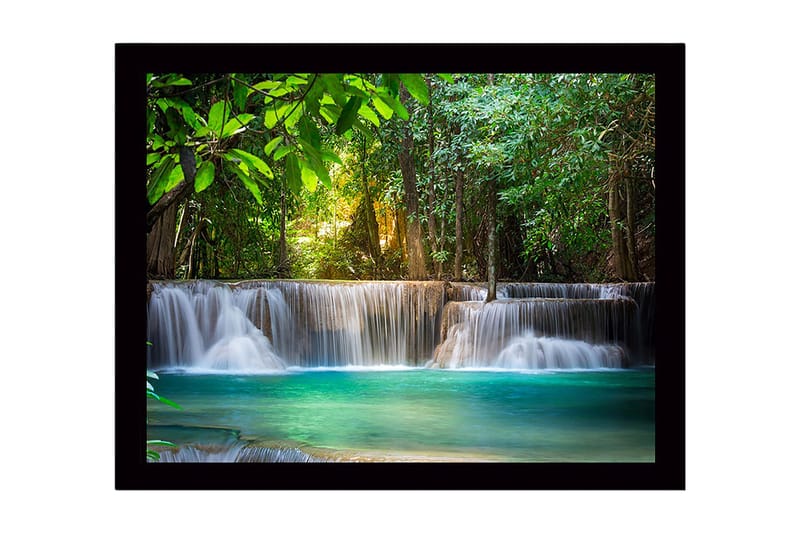 Innrammet lerretsbilde i tre - 41x56 cm - Vakker foss i et frodig skogsmiljø - Grønn / Turkis / Brun - Innredning - Bilder & kunst