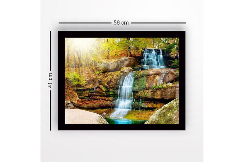 Innrammet lerretsbilde i tre - 41x56 cm - Vakker foss i et høstlig skogsmiljø - Grønn / Oransje / Blå - Innredning - Bilder & kunst