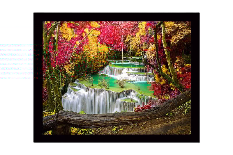 Innrammet lerretsbilde i tre - 41x56 cm - Vakker foss med omgivende høstfarger, Rød / Gul / Turkis