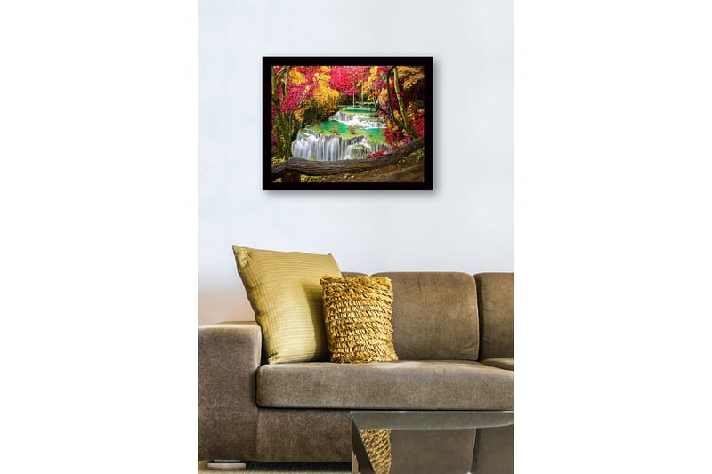 Innrammet lerretsbilde i tre - 41x56 cm - Vakker foss med omgivende høstfarger - Rød / Gul / Turkis - Innredning - Bilder & kunst