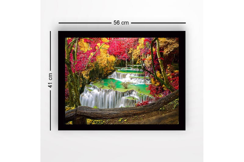 Innrammet lerretsbilde i tre - 41x56 cm - Vakker foss med omgivende høstfarger - Rød / Gul / Turkis - Innredning - Bilder & kunst