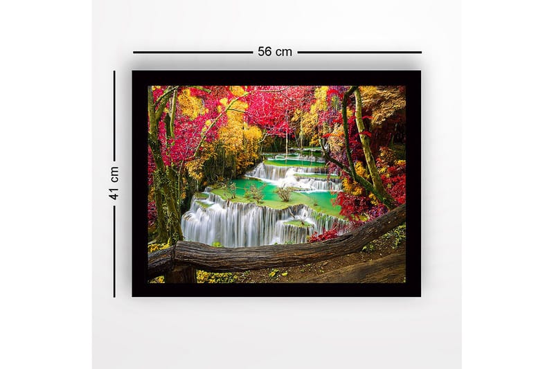 Innrammet lerretsbilde i tre - 41x56 cm - Vakker foss med omgivende høstfarger - Rød / Gul / Turkis - Innredning - Bilder & kunst