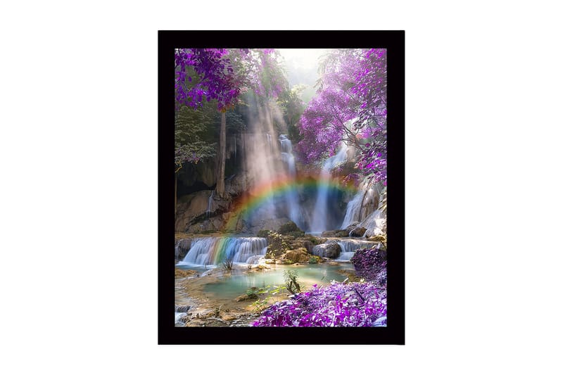 Innrammet lerretsbilde i tre - 41x56 cm - Vakker foss med regnbue omgitt av lilla blomster og frodige trær - Lilla / Grønn / Blå - Innredning - Bilder & kunst