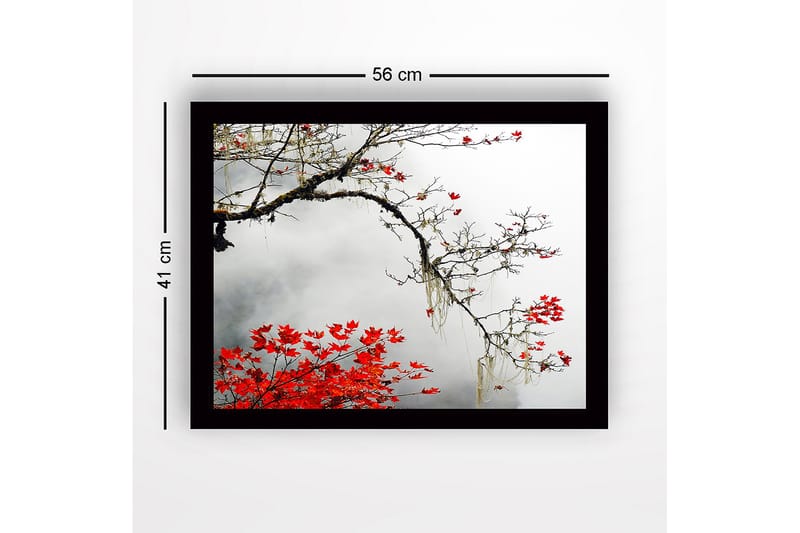 Innrammet lerretsbilde i tre - 41x56 cm - Vakker gren med røde høstblader mot en tåkete bakgrunn - Rød / Grå / Brun - Innredning - Bilder & kunst