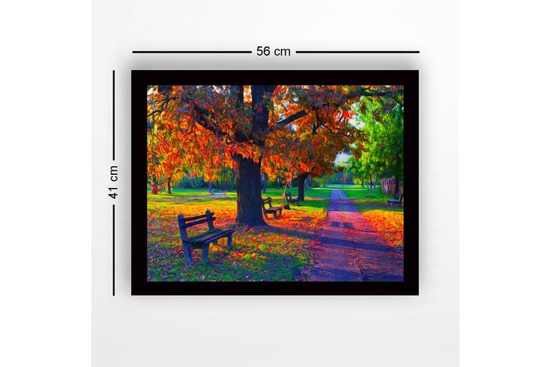 Innrammet lerretsbilde i tre - 41x56 cm - Vakker høstscene med fargerike trær og benker i en park - Oransje / Grønn / Brun - Innredning - Bilder & kunst
