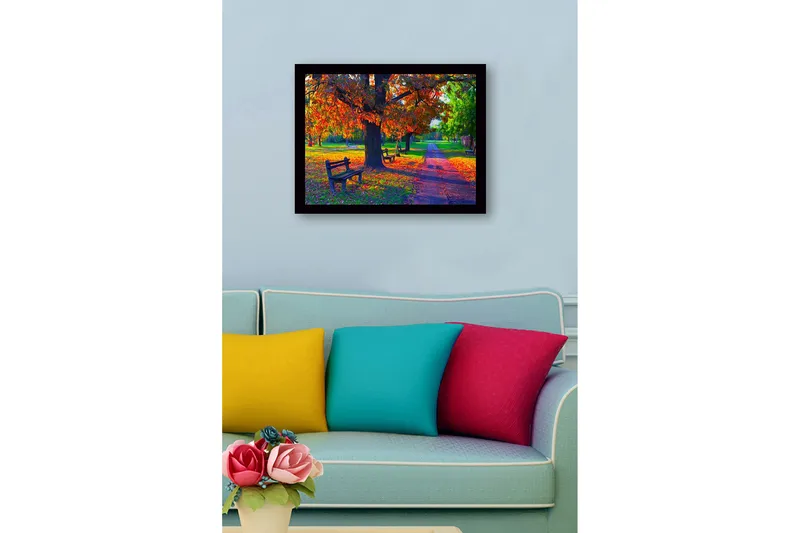 Innrammet lerretsbilde i tre - 41x56 cm - Vakker høstscene med fargerike trær og benker i en park - Oransje / Grønn / Brun - Innredning - Bilder & kunst