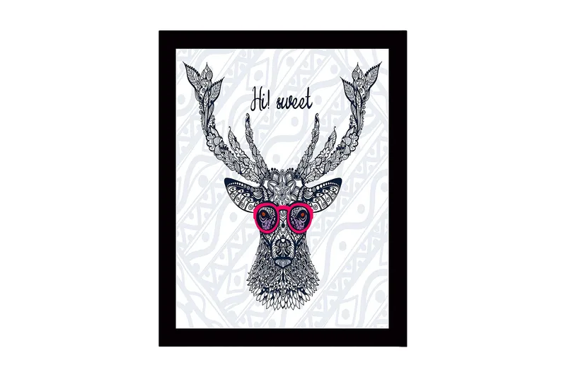 Innrammet lerretsbilde i tre - 41x56 cm - Vakker hjort med briller og detaljert mønster, Mørk blå / Rosa / Hvit