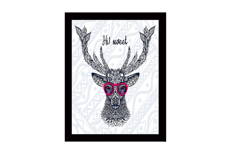 Innrammet lerretsbilde i tre - 41x56 cm - Vakker hjort med briller og detaljert mønster, Mørk blå / Rosa / Hvit
