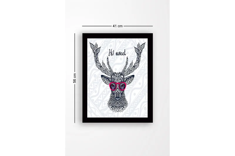 Innrammet lerretsbilde i tre - 41x56 cm - Vakker hjort med briller og detaljert mønster - Mørk blå / Rosa / Hvit - Innredning - Bilder & kunst