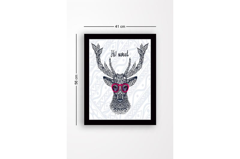 Innrammet lerretsbilde i tre - 41x56 cm - Vakker hjort med briller og detaljert mønster - Mørk blå / Rosa / Hvit - Innredning - Bilder & kunst