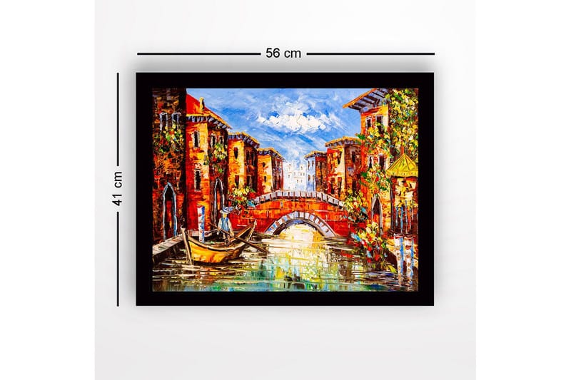 Innrammet lerretsbilde i tre - 41x56 cm - Vakker kanal med fargerike bygninger og en bro - Rød / Grønn / Blå - Innredning - Bilder & kunst