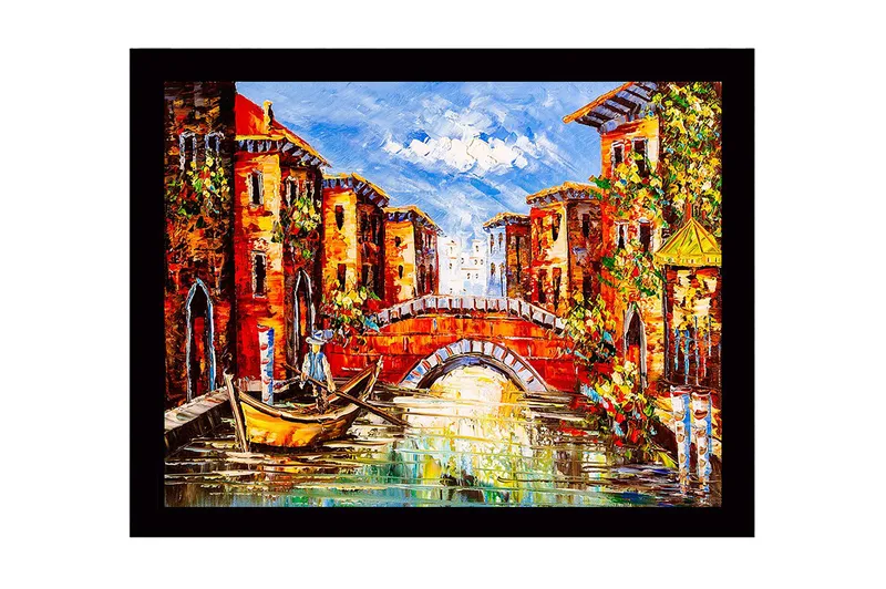 Innrammet lerretsbilde i tre - 41x56 cm - Vakker kanal med fargerike bygninger og en bro - Rød / Grønn / Blå - Innredning - Bilder & kunst