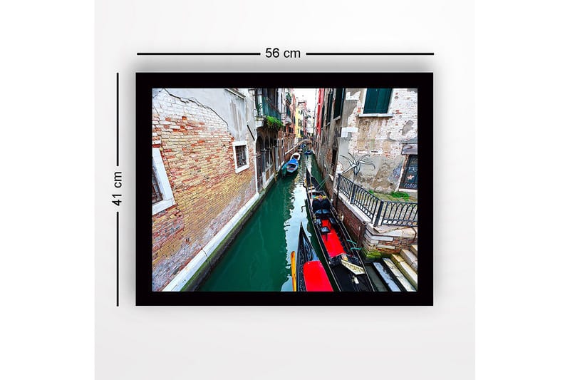 Innrammet lerretsbilde i tre - 41x56 cm - Vakker kanal med gondoler i Venezia - Grønn / Rød / Brun - Innredning - Bilder & kunst