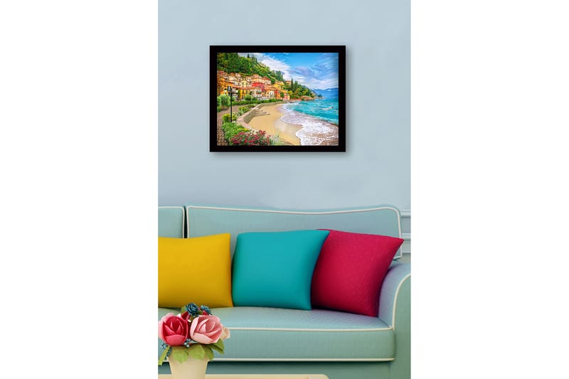Innrammet lerretsbilde i tre - 41x56 cm - Vakker kystlinje med fargerike hus og frodige omgivelser - Blå / Grønn / Gul - Innredning - Bilder & kunst